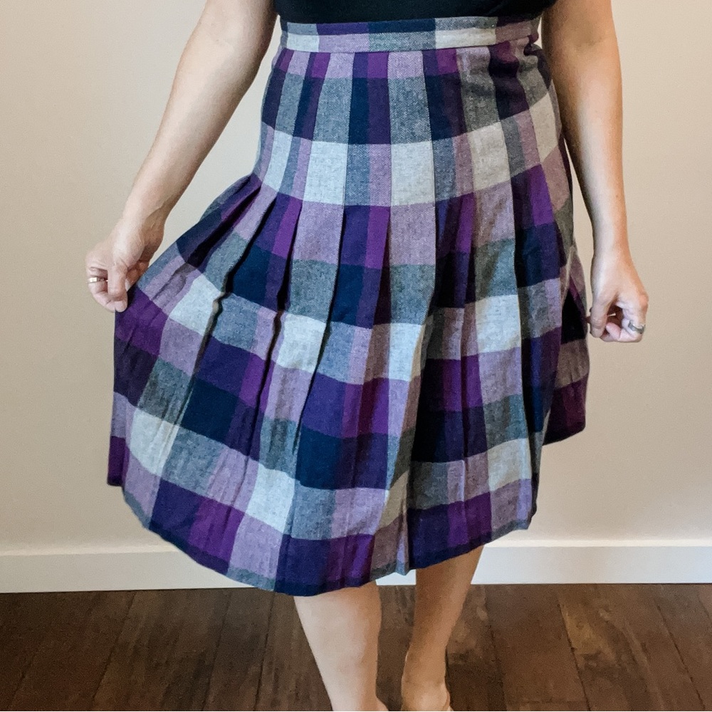 Vintage Union Made Purple Plaid Wool Blend Pleated Skirt - Picture 16 of 16